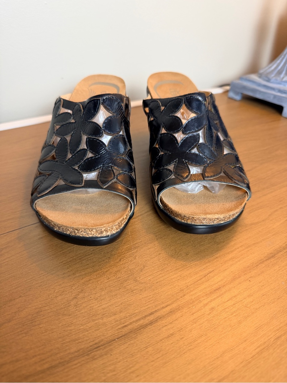 Dansko Clarissa Black Floral Cutout Slide Wedge Sandals